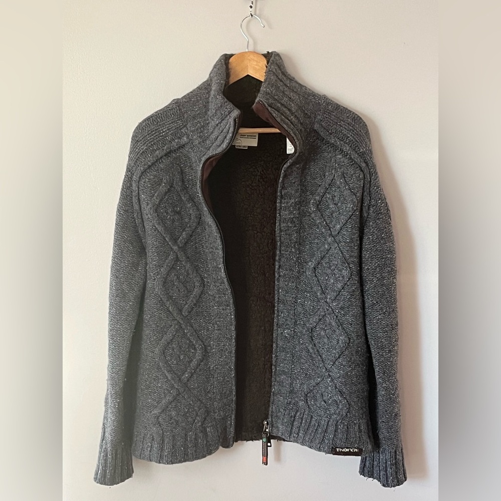 Women’s Energie MissSixty Wool Blend Cable Knit Sherpa Lined Zip-Up Sweater Y2K